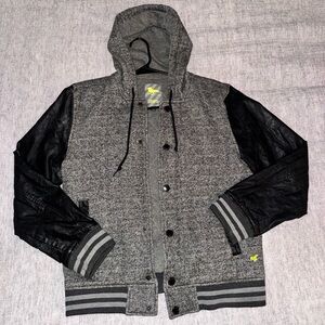 Modern Amusement Gray Heather Hooded Varsity Jacket with Black Sleeves